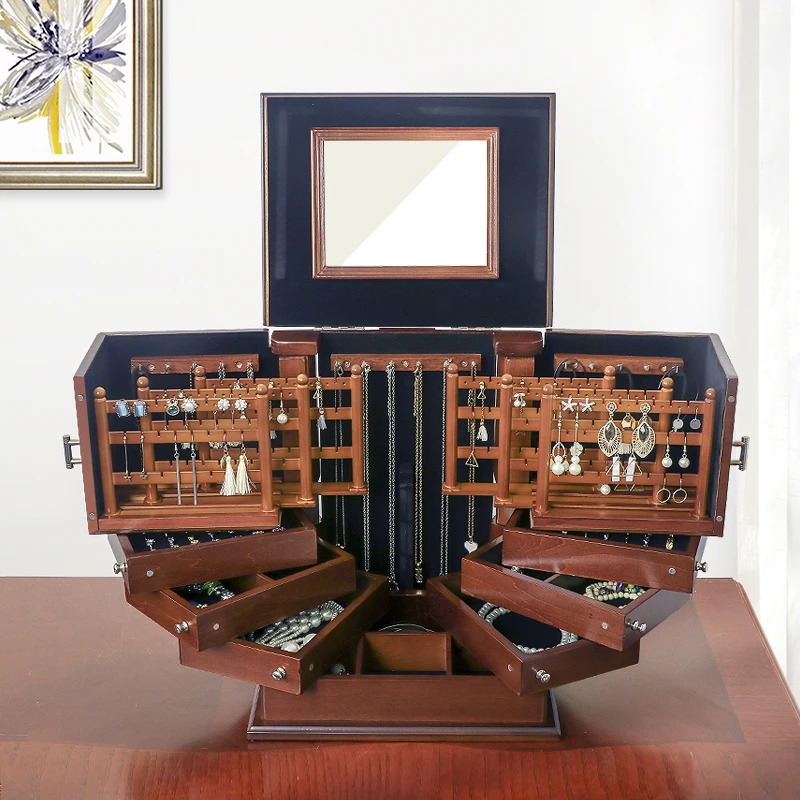 Vintage Desktop Jewelry Storage Box Large Capacity 360 Wood Multi-Layer Jewelry Box Storage Organizer Case Earrings Display Gift