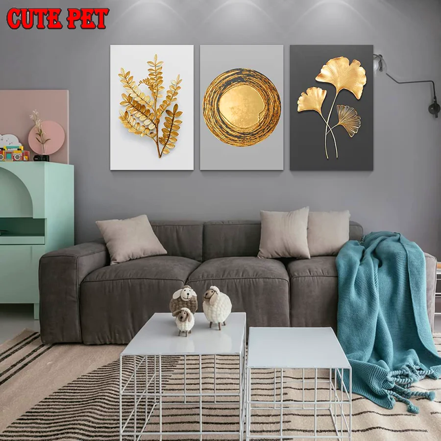 plant 5d diy diamond painting golden leaves cross stitch mosaic embroidery diamond round square Drill stones decoration 3PCS