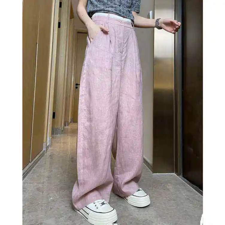 Różowe lniane spodnie z szerokimi nogawkami damskie letnie codzienne rozszerzane spodnie z niskim stanem zapinane na zamek błyskawiczny mieszanka bawełny haftowane detale