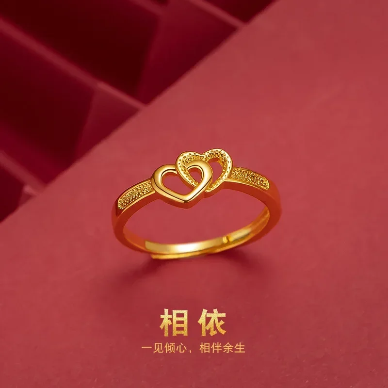 

9999 Real Gold 24K Gold Double Heart Women's Ring, Volume Ring, Japan and Korea Fashion Open Women's Love Ring