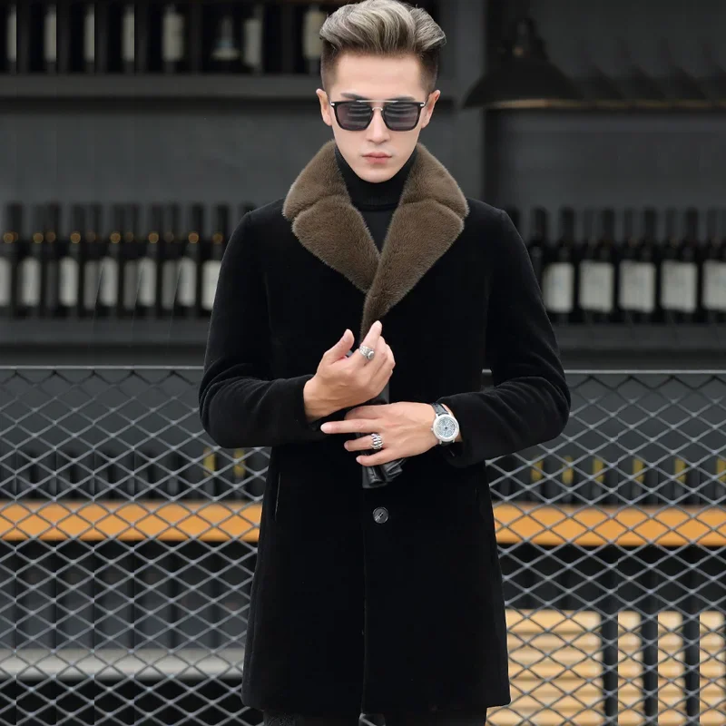 Winter New Mink Fleece Coat Imitation Fur Coat Men\'s Medium and Long Mink Coat Men\'s Suit Collar Thickened