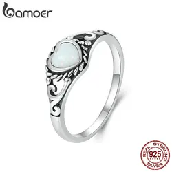 BAMOER 925 Sterling Silver Opal Heart-shaped Finger Ring Vintage Sculptured Pattern Statement Ring for Women Jewelry Gift