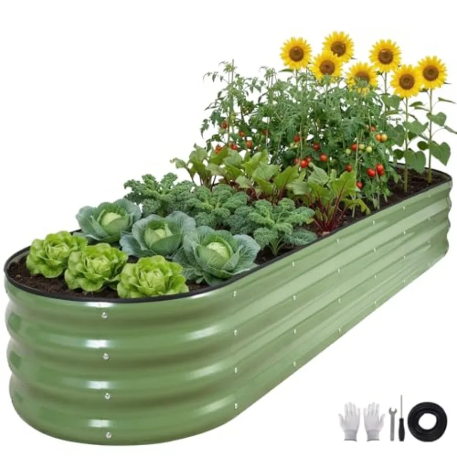 

Galvanized Raised Garden Bed 1 Pack, 8x2x1ft Oval Metal Planter Box Outdoor with Support Rods and Corner Protection, Planter Be