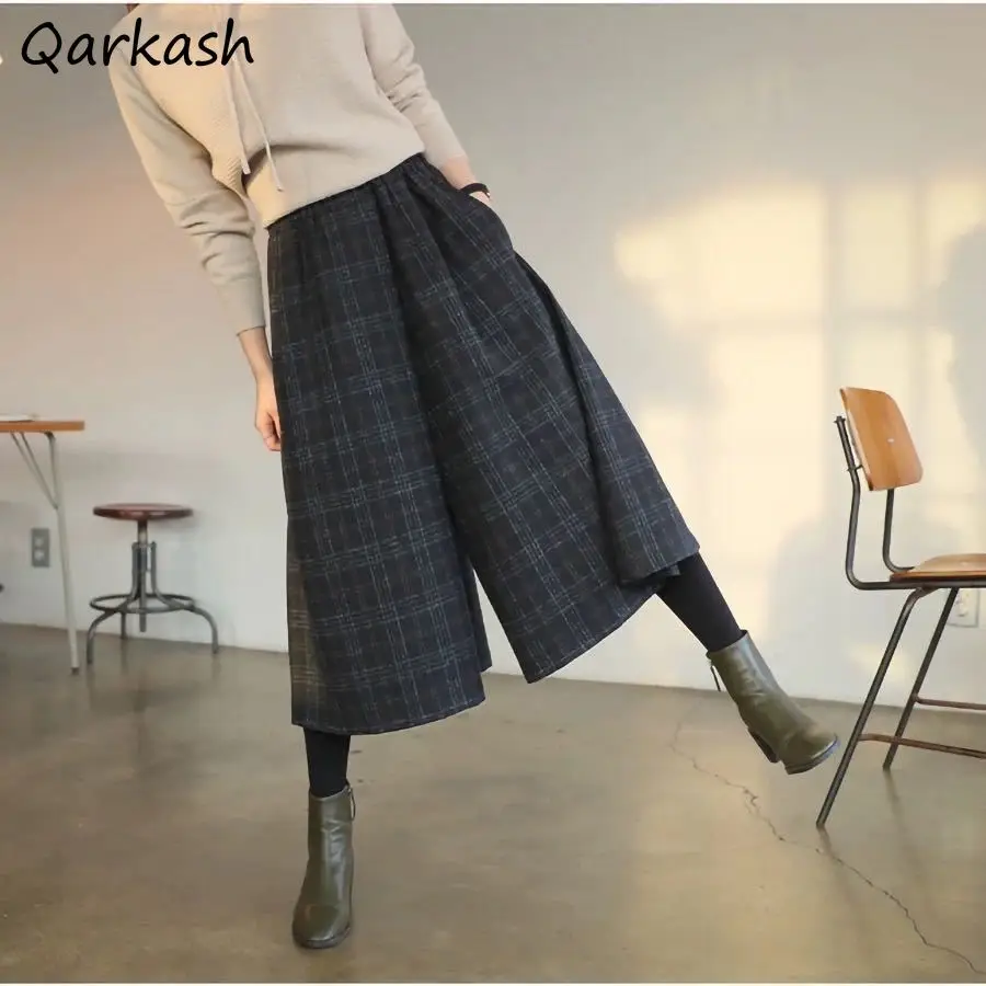 

Woolen Winter Pants Office Lady Vintage Literary Gentle Soft Warm Loose Wide Leg Plaid Design Harajuku New Calf-length Bottoms