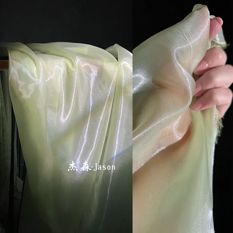 Green Water Light Liquid High Gloss Divine Fabric Reflective Mesh Transparent Glossy Hanfu Dress Mesh Designer Fabrics