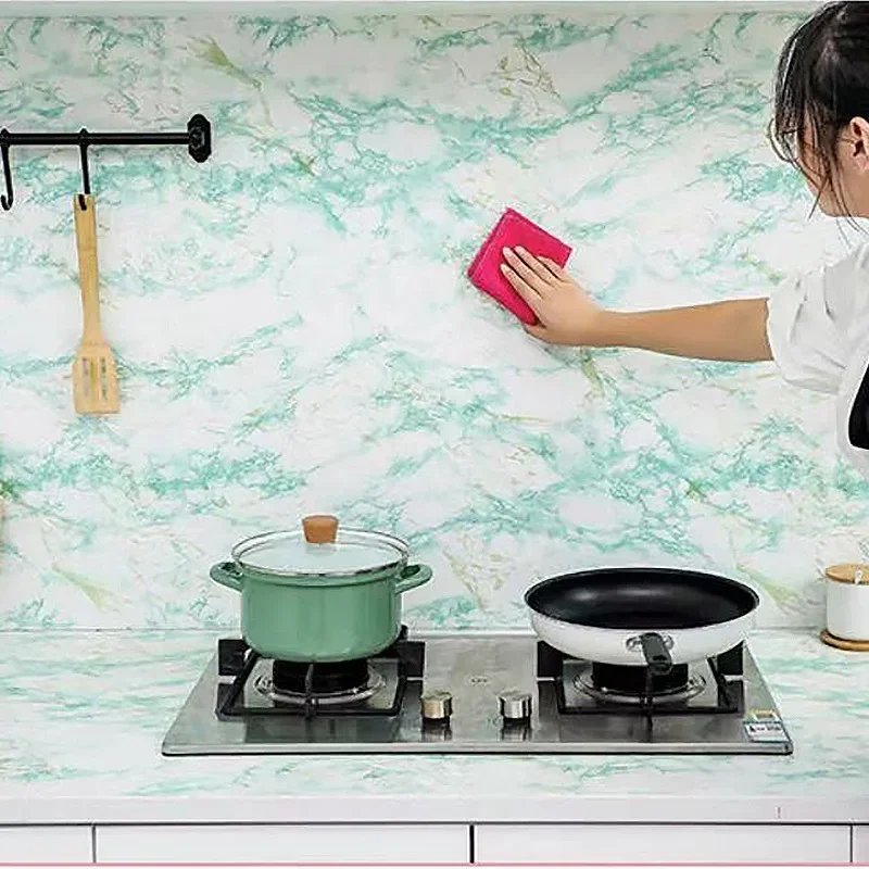 Pink and Green Kitchen Oil Resistant Stickers Marble Patterned Furniture Renovation Background DIY Self-adhesive Wallpaper