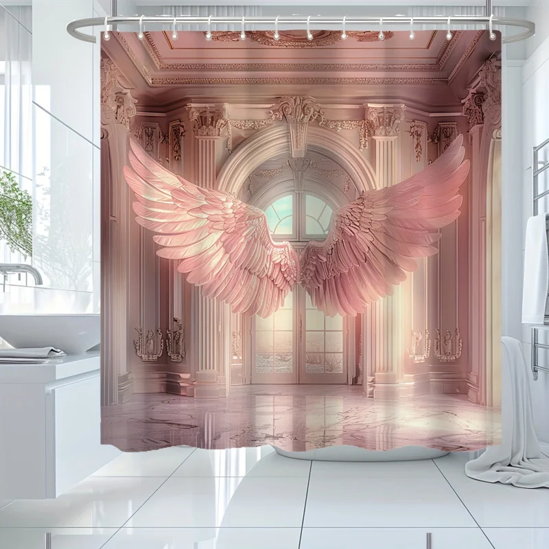 1pc, Pink Angel Wings, European Style Building Shower Curtain, Waterproof Pattern Shower Curtain, with 12 Hooks, Bathroom Decora