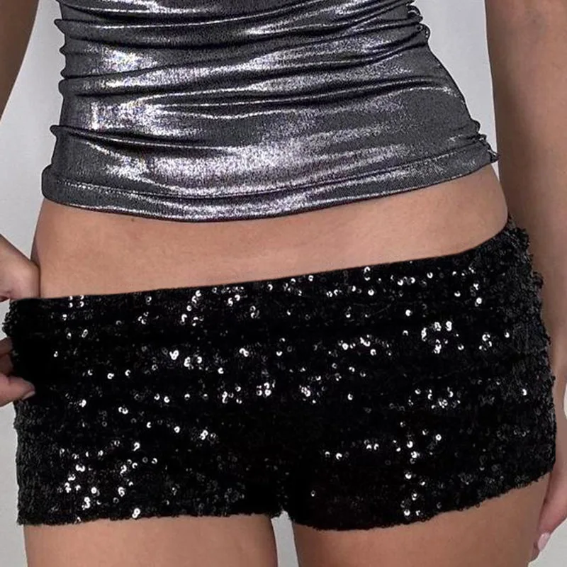 Damesmode Zwarte pailletten Lage taille Heupomslag Elastische hotpants Slanke dansen Gepersonaliseerde kort