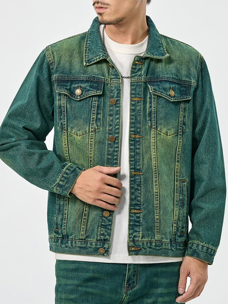 Water ghost green high-end American casual denim suit men's high street tide retro loose jacket large size workwear jacket