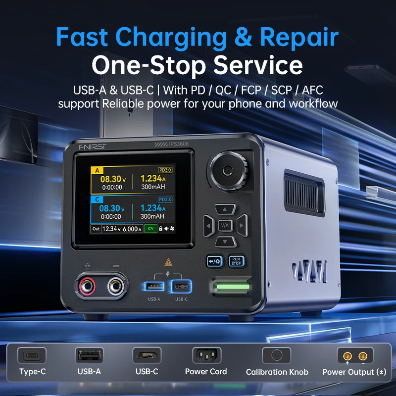 Fnirsi IPS3608 36V 8A 285W DC مزود الطاقة، شاشة منحنية، مخرج شحن سريع، حماية متعددة الأمان