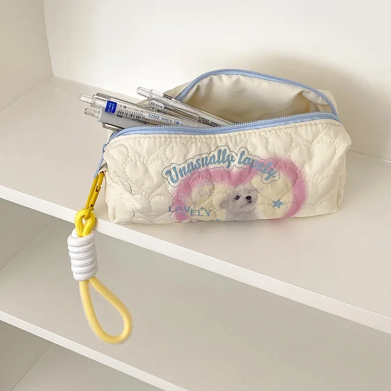 

Cute Puppy Print Quilted Polyester Large Capacity Pencil Case Stationery Bags Women's Portable Zipper Cosmetic Bag Storage Bag