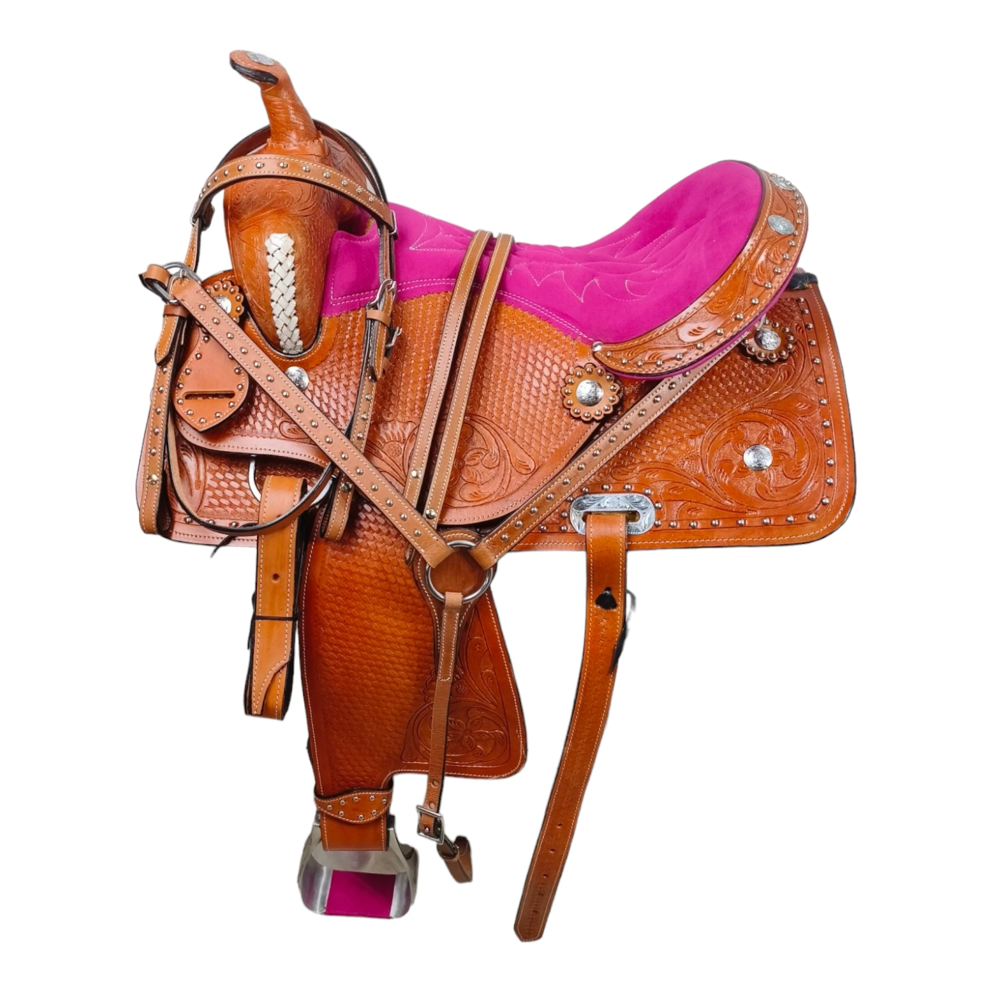 

Western Saddle Pleasure Trail Barrel Racing Horse Ride Tooled Leather Cowboy Soft Padded Pink SEAT Comfort For Horse Saddle TACK
