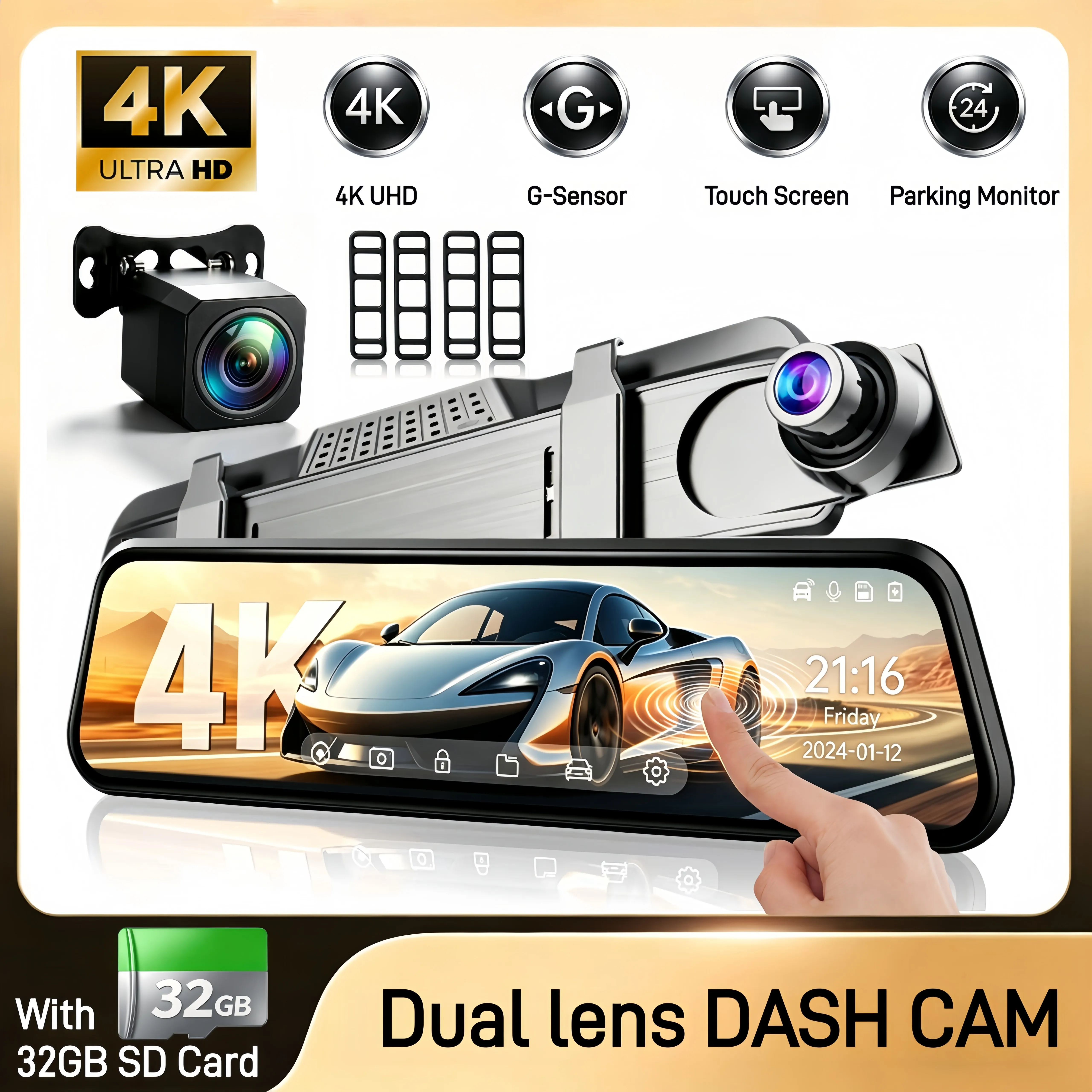 

10'' UHD 4K 2160P Stream Media Rearview Mirror Dash Cam Dual Lens Night Vision Loop Recording IPS Car Drive Recorder with 32GB