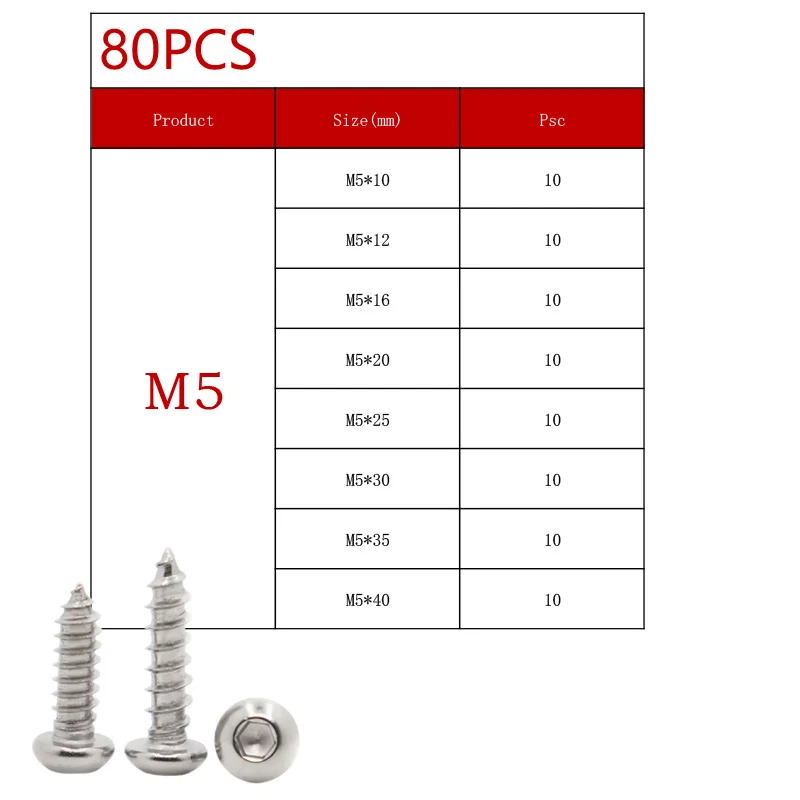 Kit M2 M2,5 M3 M4 M5 M6 304 Edelstahl runder Flachkopf Innensechskant selbstschneidende Schrauben Holzschrauben Set 70–630 Stück – Detail 9