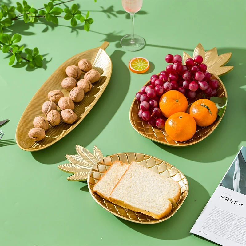 Golden Decorative Tray Nordic Metal Storage Tray, Gold Pineapple/Leaf Shape, Home Display & Decor Plate (Multi - Styles)