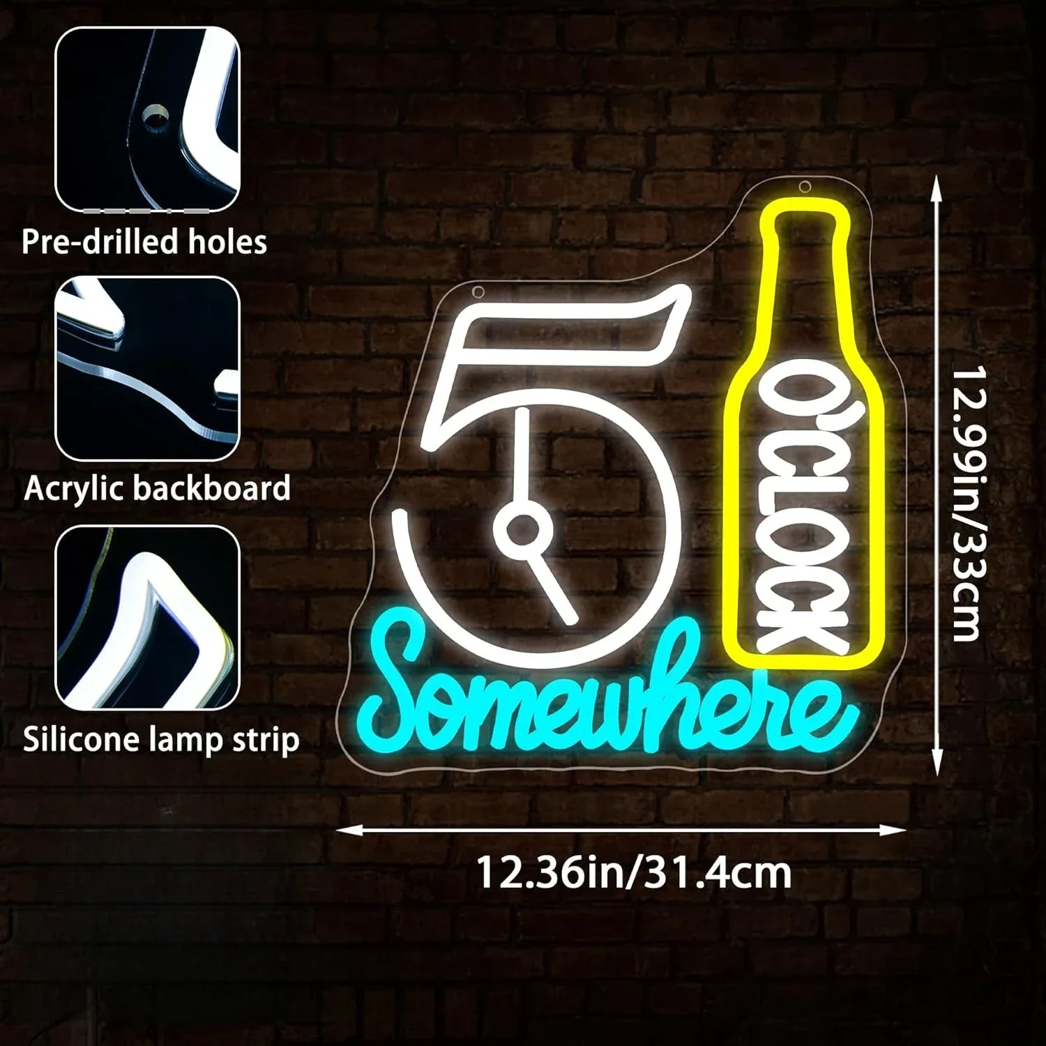 Its 5 Oclock Somewhere Neon Sign LED Wall Art Clock Beer Bottle Acrylic USB Powered Dimmable Light Bar Pub Man Cave Party Decor
