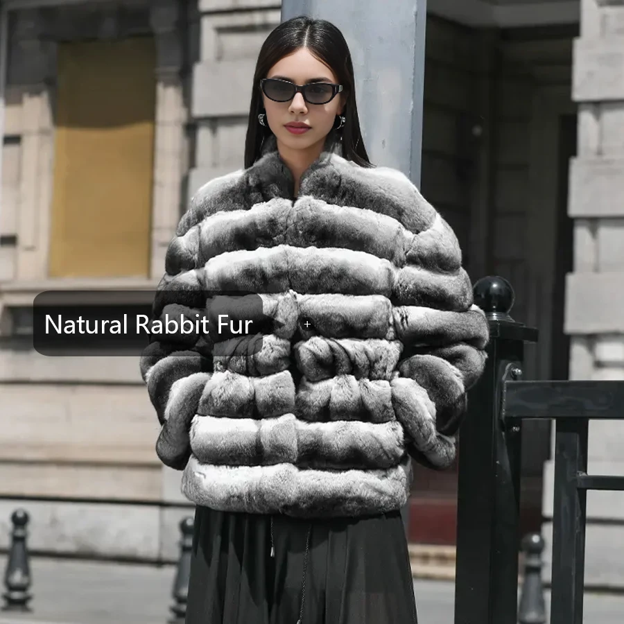 Rabbit Fur Coat With V-Neck Furry Jacket Chichilla Rex Rabbit Fur Coat New Arrivals Women's Natural Fur Coat