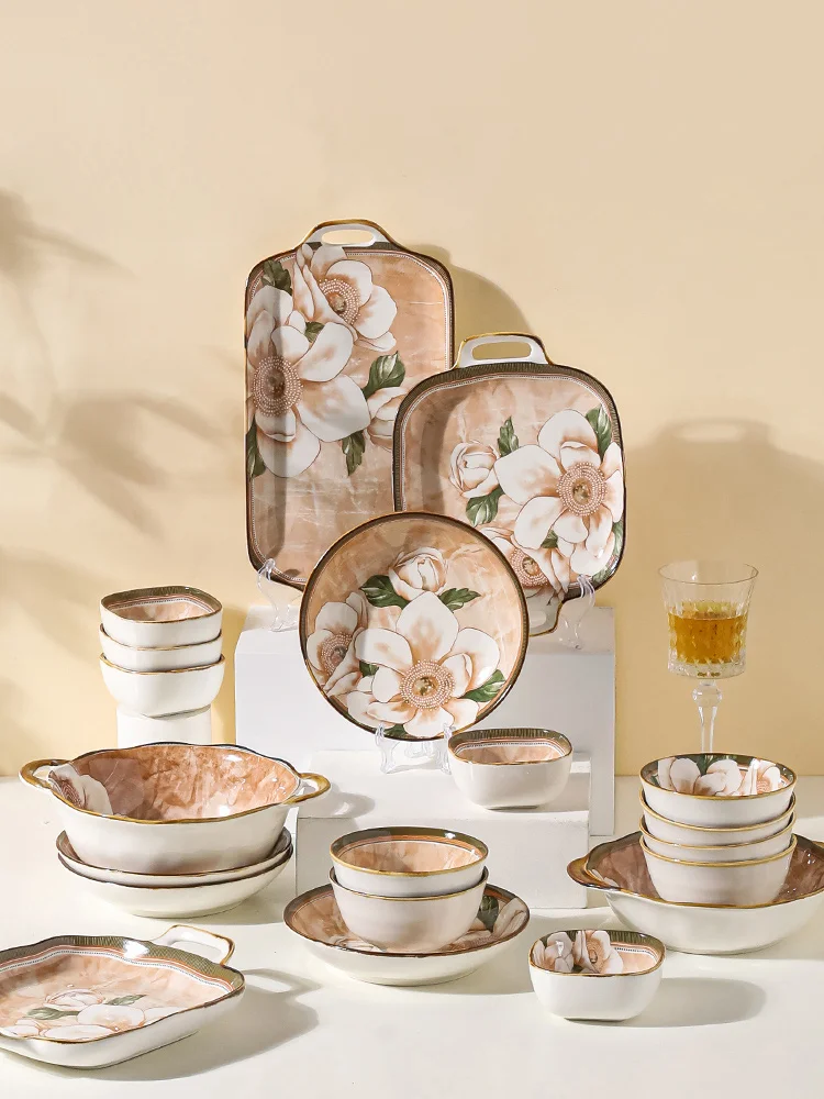 Camellia Floral Under Glazed Ceramic Dinnerware Set Bowl Plates Retro Style Microwave Oven Suitable Breakfast Food Container