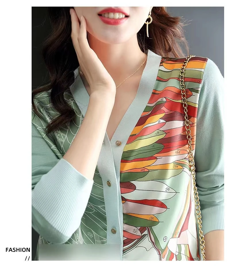 2023 spring new stand collar thin loose knit long sleeve chiffon print splicing sunscreen air conditioning small cardigan woman