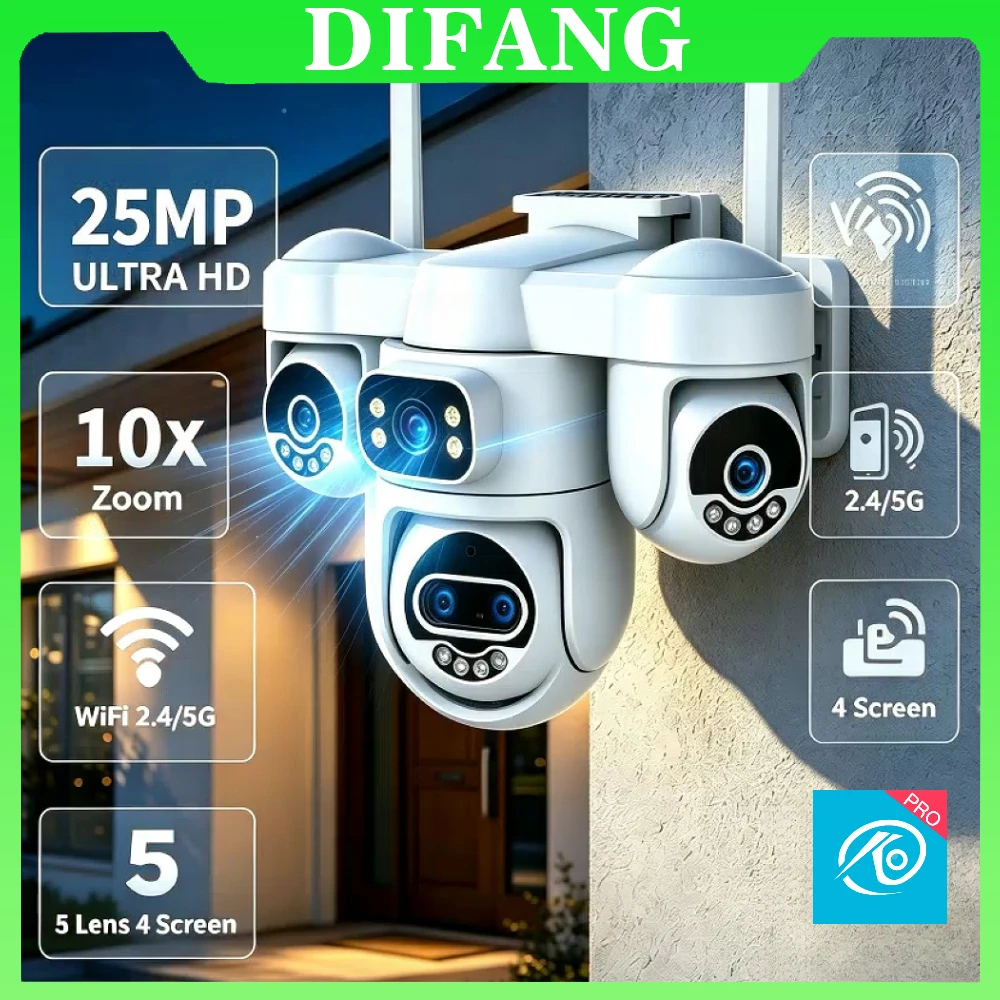 10K 2.4G/5G WiFi Outdoor PTZ Security Camera 5 Lens Quad 4 Screen 3 PTZ 10X  Zoom AI Tracking CCTV Surveillance IP Cam