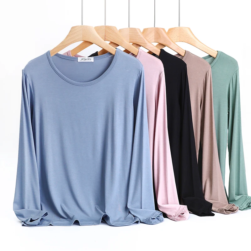 Casual Loose Long Sleeve Modal Base Shirt Women's round Neck Thin Style T-Shirt Pure Color Versatile Top Spring Autumn Wear