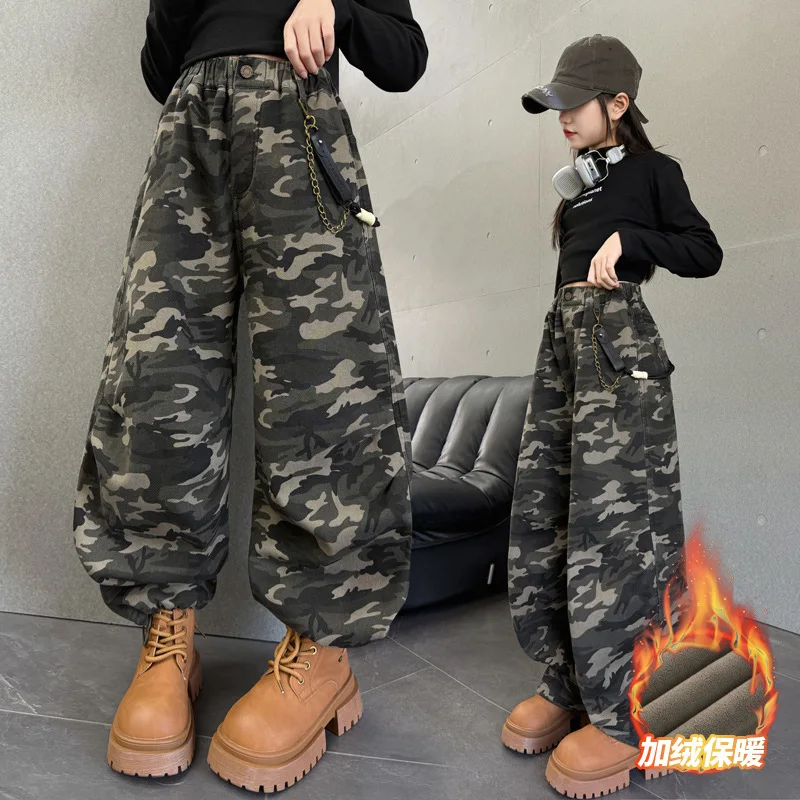 

Girls' fleece-lined pants, 2025 autumn and winter new style, children's American high street camouflage pants, trendy