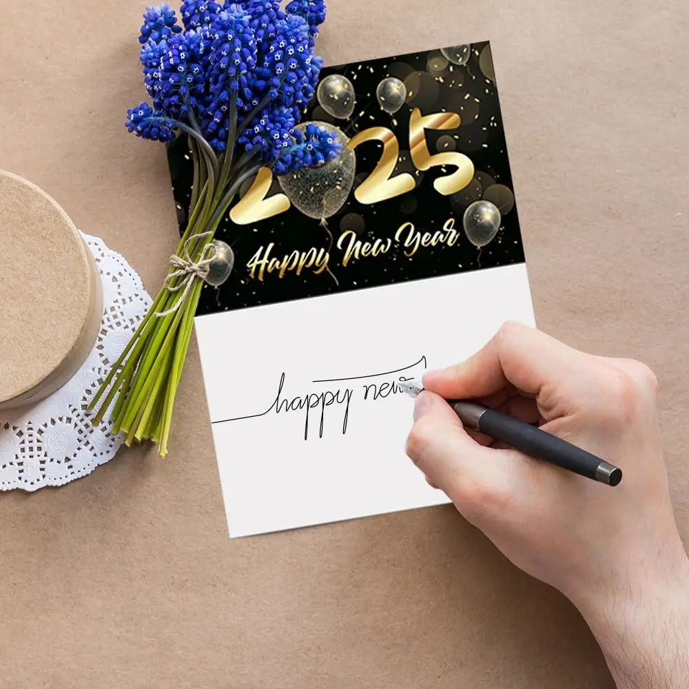 12 Uds. Tarjeta de felicitación plegable de Año Nuevo 2025, tarjeta de regalo de oro negro con bendición para Festival, papel con pegatina de sellado, tarjetas de invitación