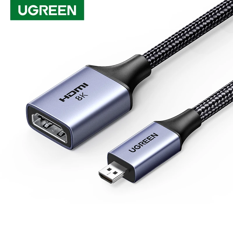 UGREEN Micro HDMI to HDMI Adapter 8K 60Hz 3D for GoPro Hero 7 Raspberry Pi 4 Nikon with Braided HDMI Cable