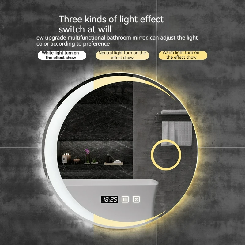 둥근 스마트 호텔 침실 김서림 방지 장식 거울, LED 욕실 거울, 3 색 조절 가능 백라이트, 60 cm