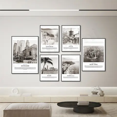 Santorini, Hawaii Beach, Amsterdam, Los Angeles, Japan, Barcelona, China Shanghai, Chicago, Miami black and white travel poster