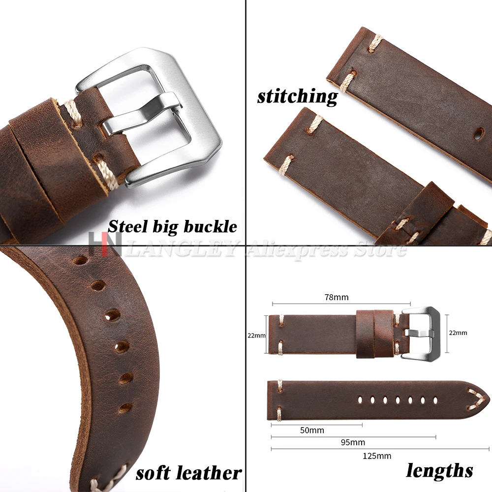 18mm 20mm 22mm 24mm 26mm Cowhide Crazy Horse Leather Watch Strap for Panerai PAM111 441 Watch Handmade Stitching Men's Bracelets
