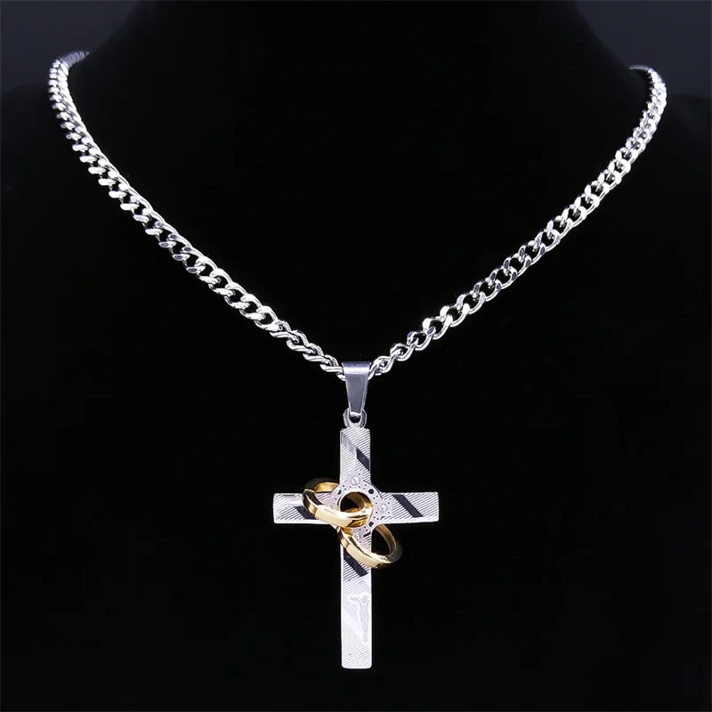 Hip Hop Crystal Cross With Ring Necklaces Stainless Steel Rhinstone Jesus Cuban Chain Crucifix Necklace Jewelry Collar de Cruz