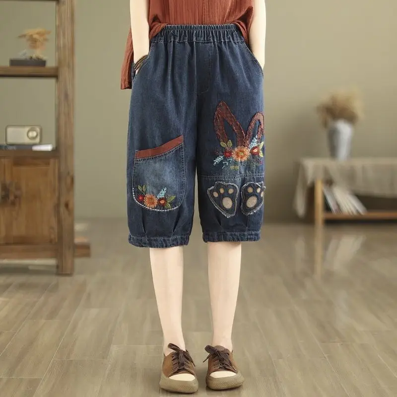 

Retro Patchwork Embroidered Jeans Five Minute Denim Harem New Summer Loose Mid Length Pants