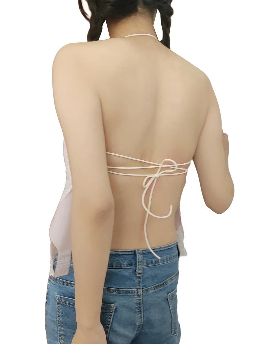 

Women Back Open Crop Tops Halter Bandage Spaghetti Strap Lace Trim Split Kawaii Tops Tees Clubwear (Light Pink L)