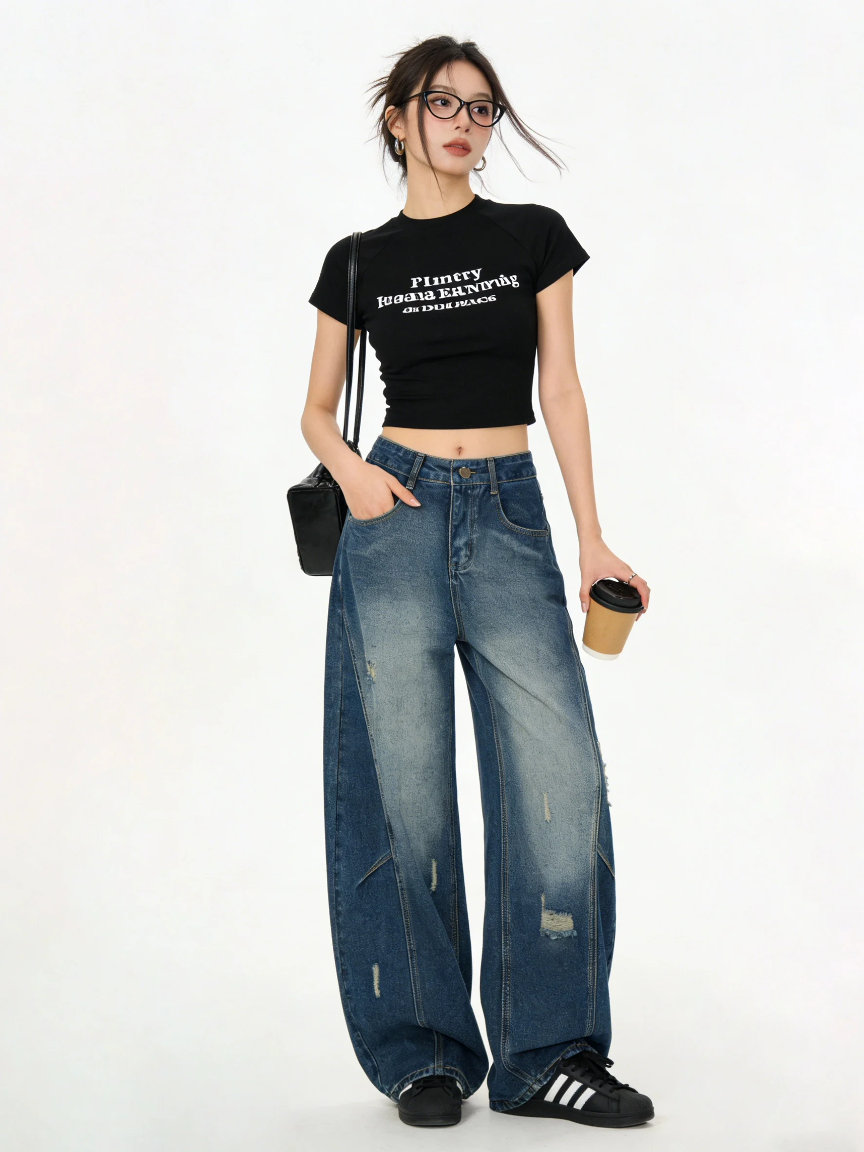 

American High Street Vintage Loose Wide Leg Jeans Women's Low Waist Torn Knife Spring New Style Slimming Casual Jeans