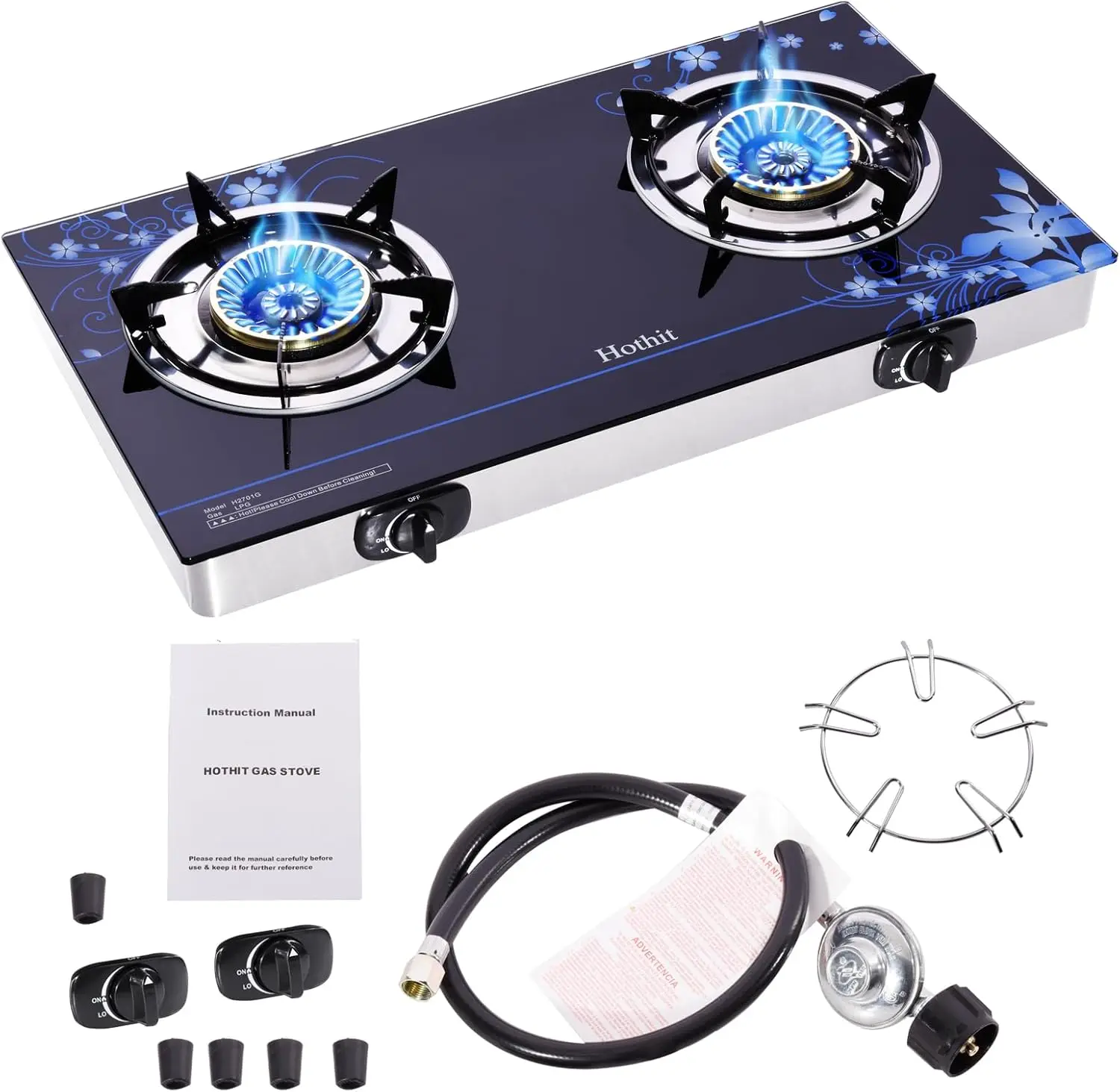 

2-конфорочная уличная пропановая печь, 28600 БТЕ, портативный сжиженный нефтяной газ с автоматическим зажиганием, закаленное стекло для кемпинга, двора, автофургона