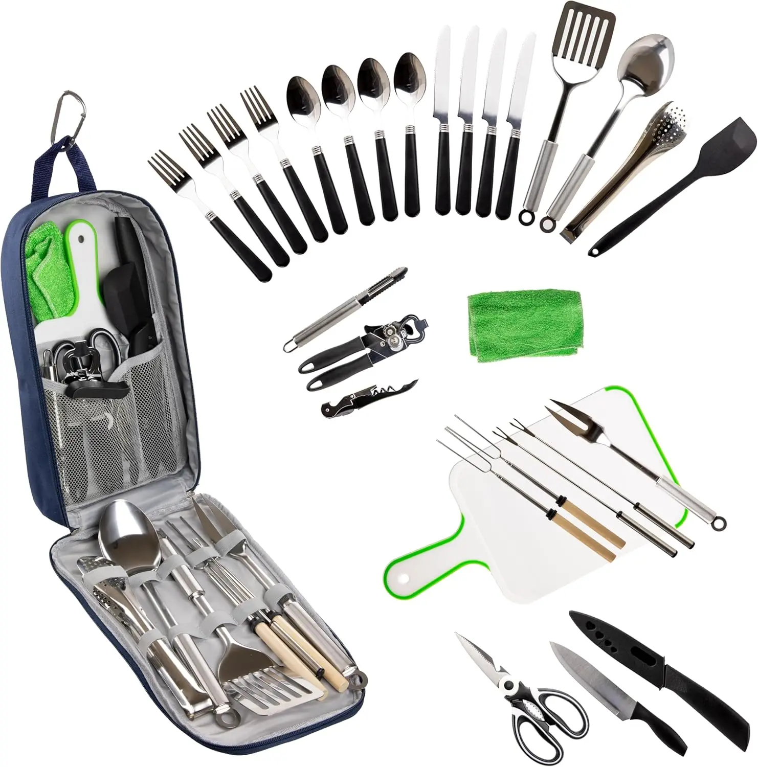 

30-Piece Stainless Steel Camping Utensil Set with Carry Case for Outdoor Cooking, Hiking, Travel