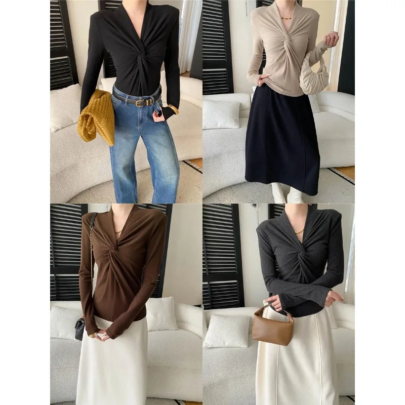 French Style V-neck Twisted Fit Slimming Base Shirt Long Sleeved T-shirt