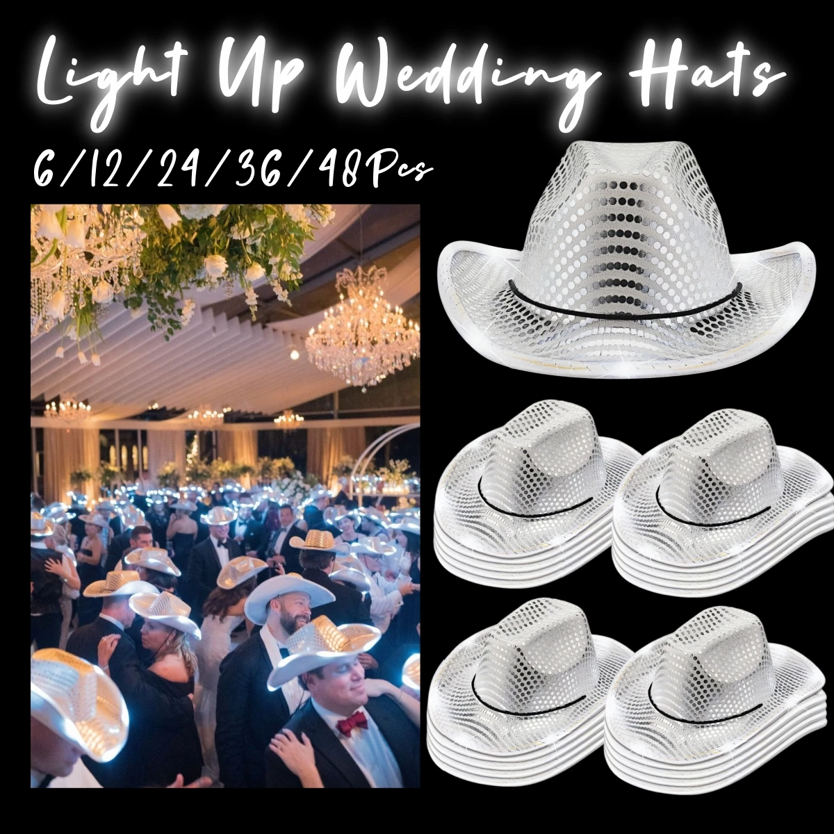 6-48Pcs Led Cowboy Hats Light Up Party Disco Cowgirl Hats Luminous Western Cowboy Hats for Men Women for Wedding Dance Ball