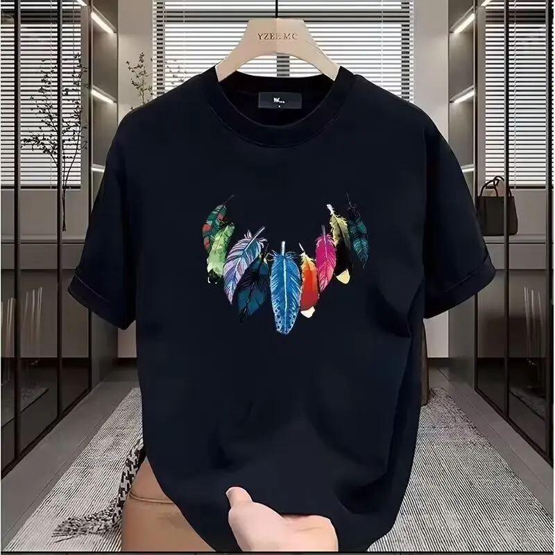 

Colorful Feather Printed T-shirt Men's Summer 100% Cotton Loose Casual Fashion T-shirt Breathable Round Neck Short Sleeve Top