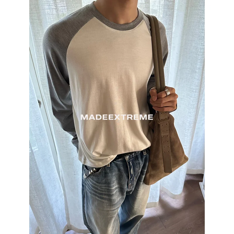 EME Merino الصوف كم طويل ريترو الأساسية عارضة طاقم الرقبة راجلان كم قاعدة قميص تي شيرت أعلى للرجال والنساء #1