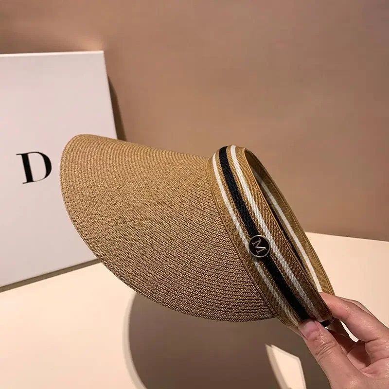 Korean Fine Grass Woven Hollow Top Hat Japanese UV Sun Protection Hat Striped Headband Large Eave Sun Protection Duckbill Hat