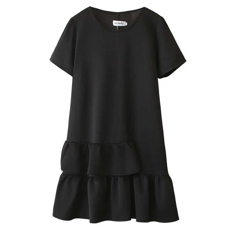 

2026 Summer Plus Size Women Midi Dress Short Sleeve Crew Neck Ruffle Hem Slim Elegant Casual Dress 8831