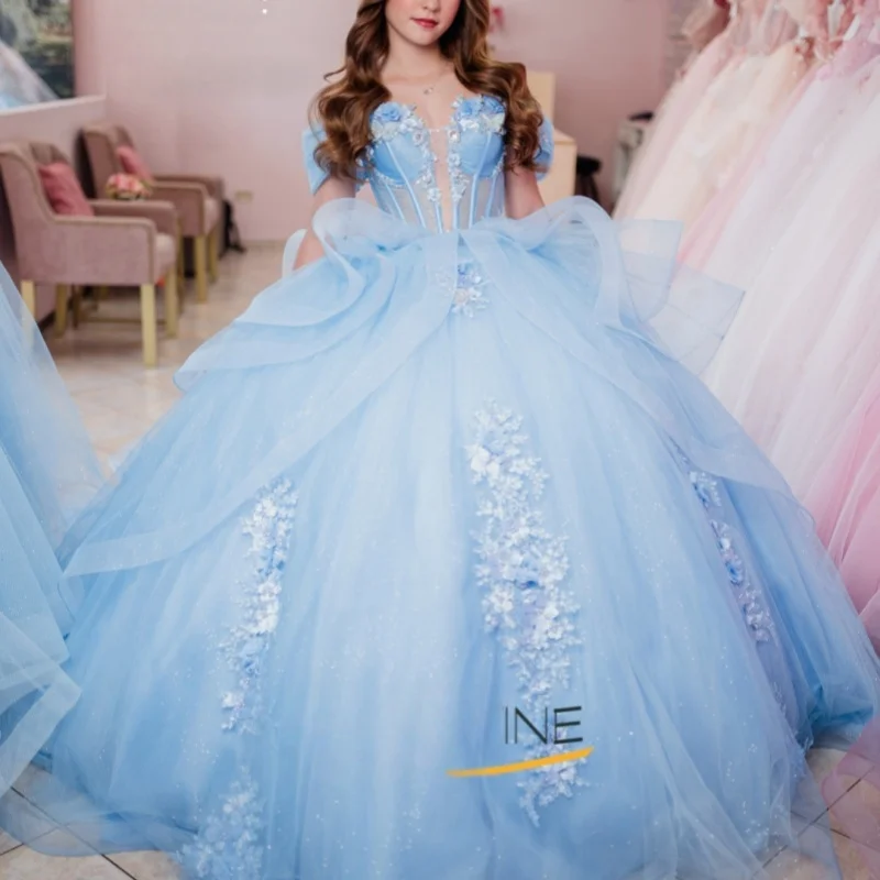 

Sky Blue Shiny Princess Off the Shoulder Sweet 16 Dress Quinceanera Dresses Applique Flower Beads Tull Party Birthday Vestidos