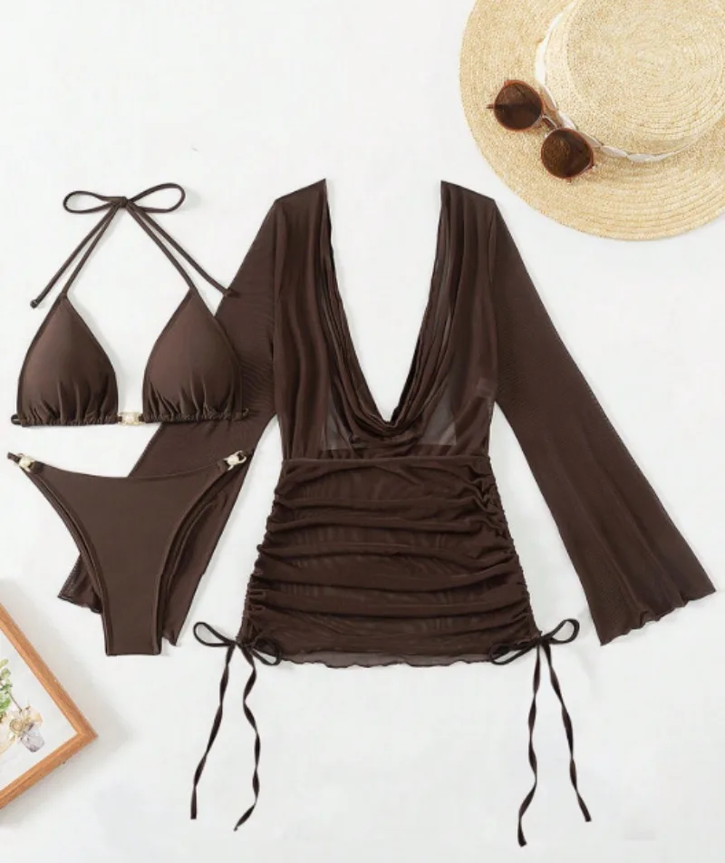 

sexy coffee plain bikinis sets 3pcs with perspective long sleeve backless drawstring mini dress swimwear swimsuits beach outfits