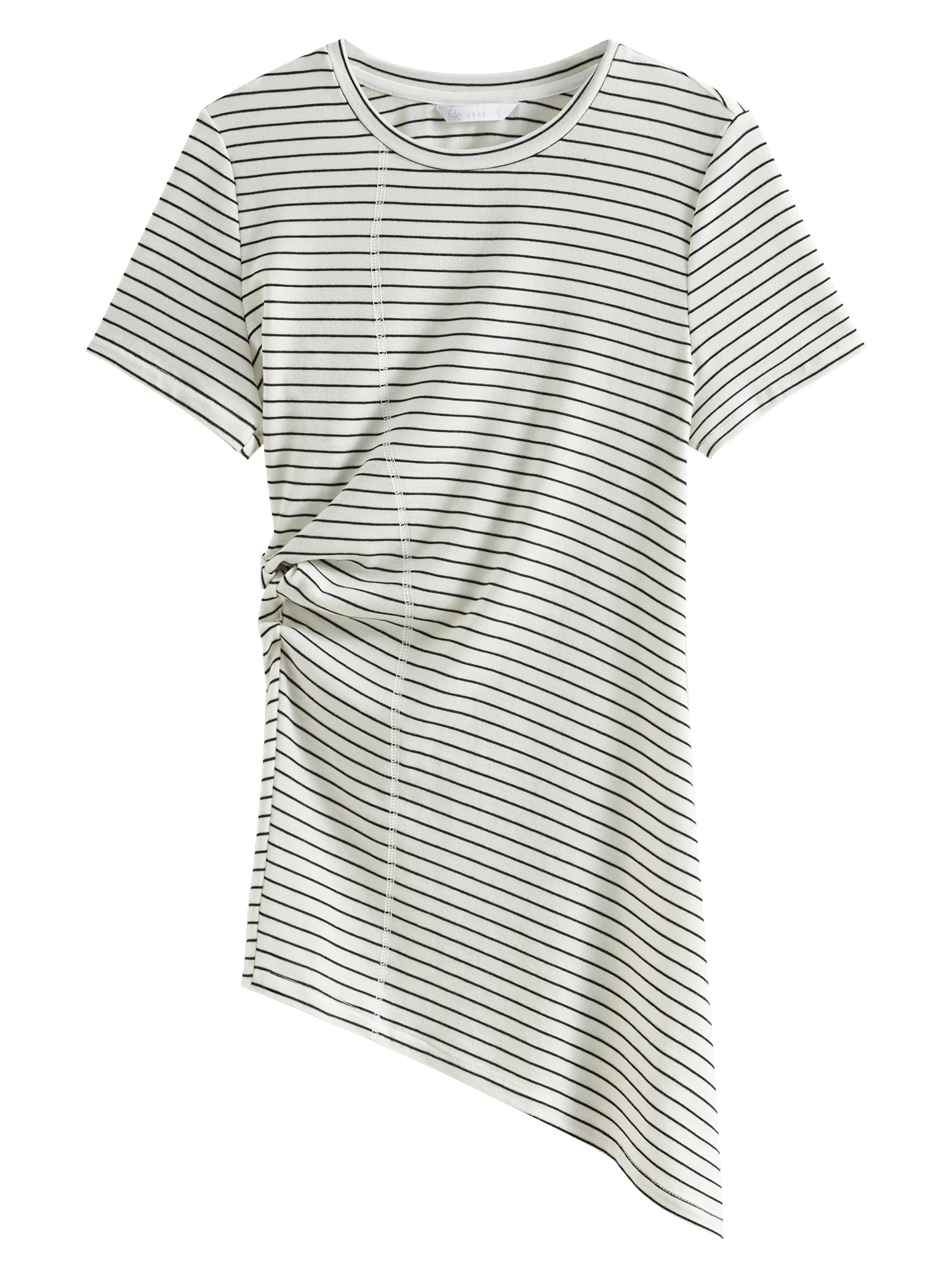 FSLE【3 Colors】Women Spring T-Shirts 19.5% Wool Slim Soft Irregular Hem Short Sleeve Tops Female Casual Stripe Tees 25FS11168