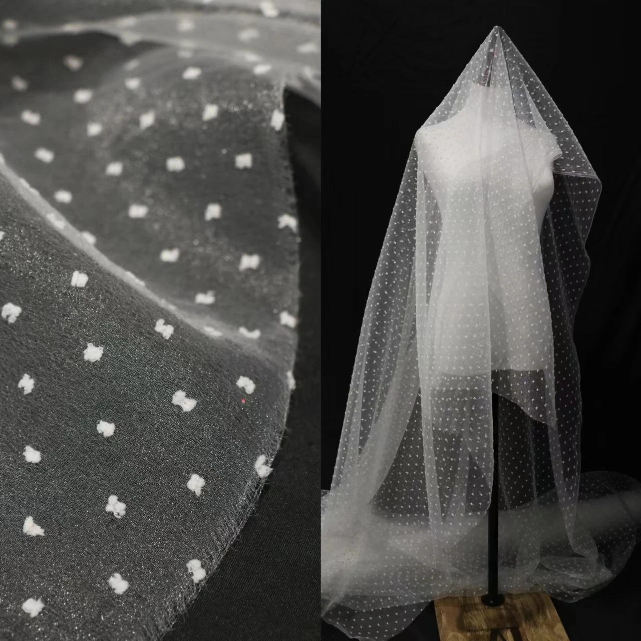 Tela de organza europea blanca con flocos, lunares, flores troqueladas y textura 3D, esponjosa, para vestidos de novia, ropa infantil y Lolita, para el hogar.