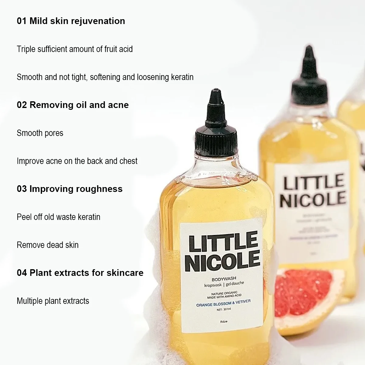 PEACH WALK LITTLE NICOLE BODYWASH إزالة جلد الدجاج، حب الشباب، مضاد للعيوب، تبييض مرطب ناعم وسلس 307 مل