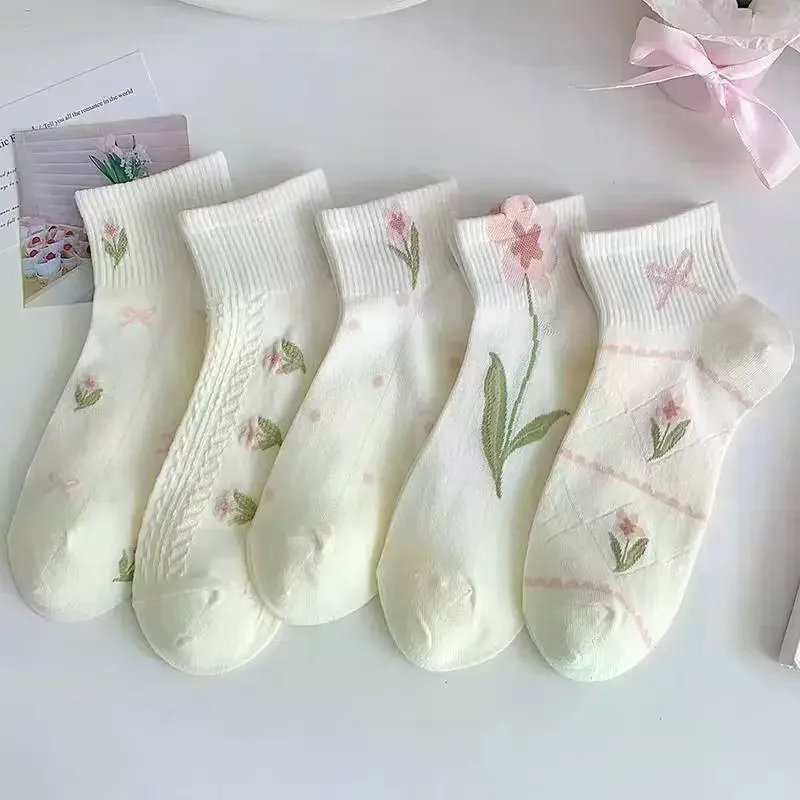 5 Pairs New Pink Bowknot Flower Cute JK Kawaii Short Socks Women's Socks Japanese Fashion All-match Sports Casual Ankle Socks