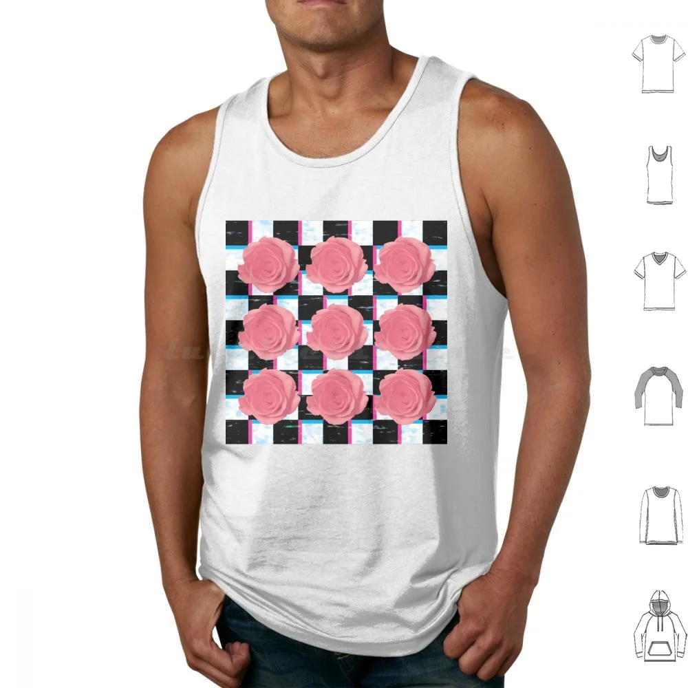 Pink Rose Glitch Vaporwave Tank Tops Print Cotton Pink Rose Roses Glitch Glitch Art Mob Static Retro 80s Pastel Goth Check